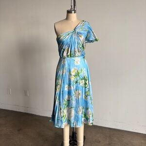NWT Theia One-Shoulder Pleated Dress in Blue and Green Floral Sz 4